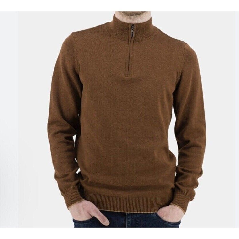 Cezani Men's Brown 100% Extra Fine Merino Wool 1/3 Quarter Zip Sweater‎ Size L